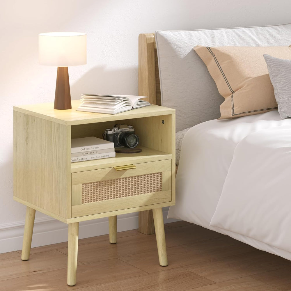 Smart Rattan Nightstand, Boho Side Table with Drawer Open Shelf, Wood Accent ...