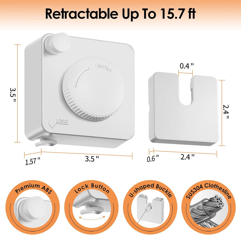 Yejay Retractable Clothesline Indoor, Non-Sagging Clothes Line Retracting Outdoors,Wall Mounted Heavy Duty Clothes Drying Line, Space-Saving Laundry Line for Balcony, Bathroom - 15.7Ft (White)