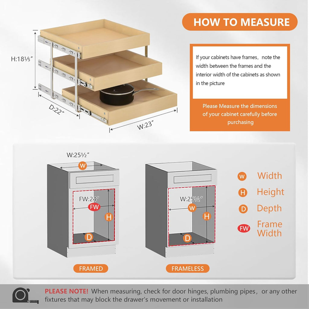 WelFurGeer 3-Tier Pull Out Cabinet Organizer with Soft Close, Heavy-Duty Slide Out Drawers for Cabinets, Pull Out Drawers for Cabinets, Bottom Mount Shelves for Kitchen, Pantry, Bathroom