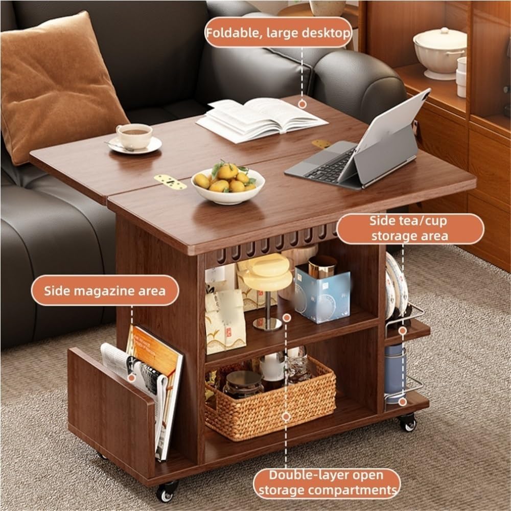 Wooden Side Table with Wheels, Large Capacity Storage End Table, 3 Tier Rolli...