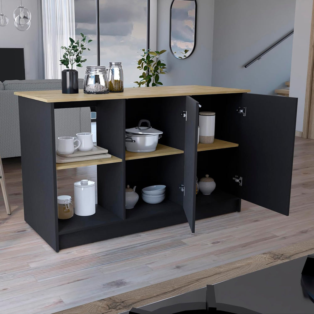 Kitchen Island with Large Top Surface and Double Door Cabinet Black / | Inclu...
