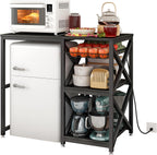 METYERRY Kitchen Bakers Rack with Power Outlet,Mini Fridge Cabinet with Mesh Basket, Mini Fridge and Microwave Table with Storage for Office,Kitchen,Living Room,Coffee Bar,Patio, Black