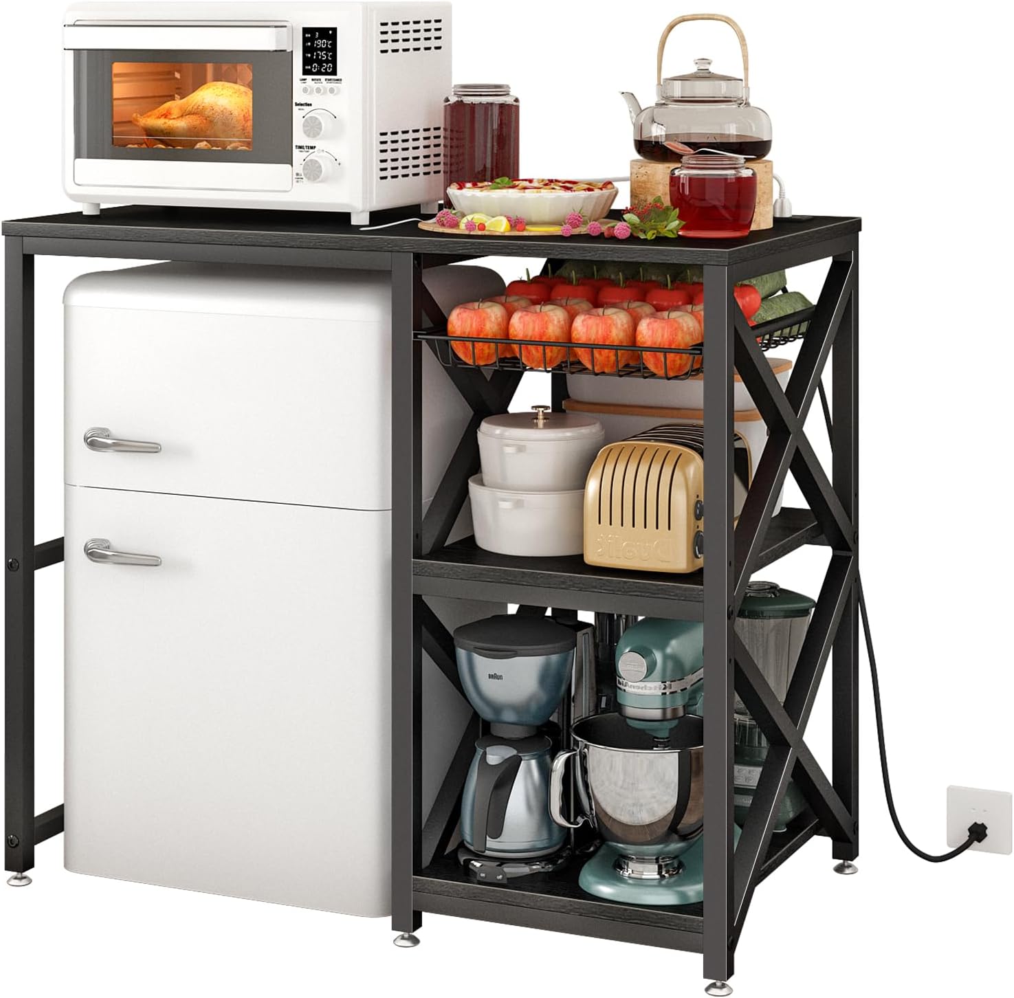 METYERRY Kitchen Bakers Rack with Power Outlet,Mini Fridge Cabinet with Mesh Basket, Mini Fridge and Microwave Table with Storage for Office,Kitchen,Living Room,Coffee Bar,Patio, Black