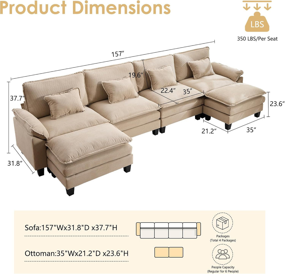 URRED Oversized Modular Sectional Sofa，Solid Khaki：157" U Shaped | Moder...