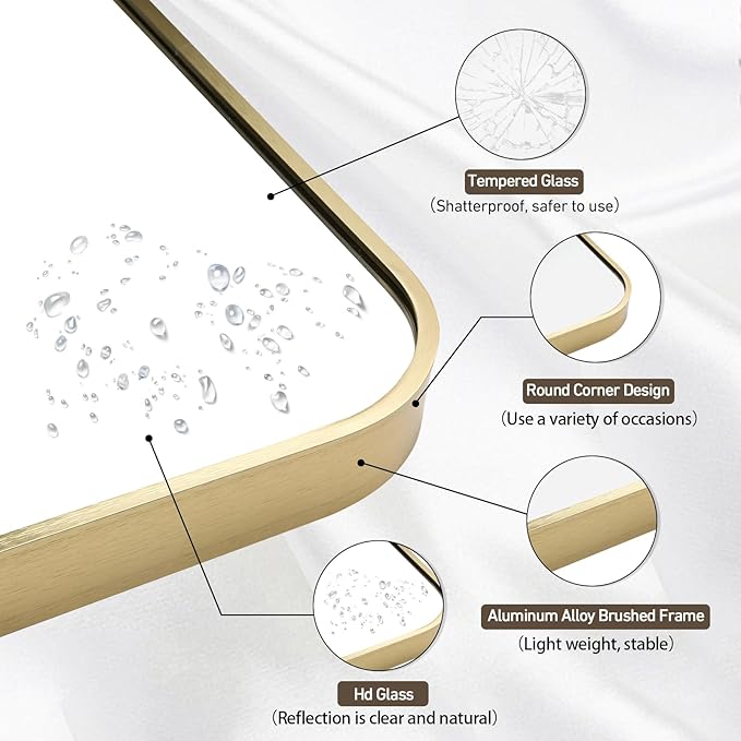 Gold Bathroom Mirror, 20x28 Inch Brushed Gold Mirror, Aluminum Alloy Framed Vanity Mirror, Rounded Rectangle Mirror for Over Sink, Anti-Rust Wall Mirror (Horizontally or Vertically)
