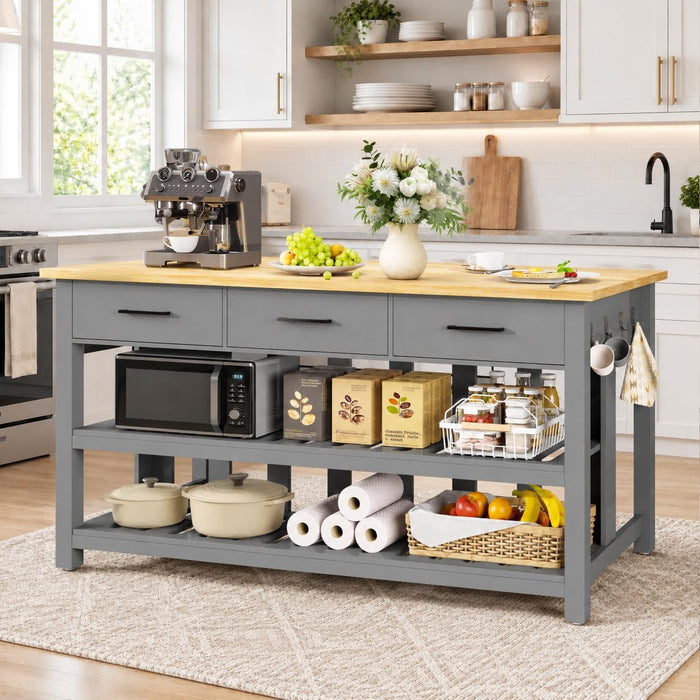 DynJest 60" Solid Rubberwood Kitchen Island with Power Outlets, Hooks, Grey
