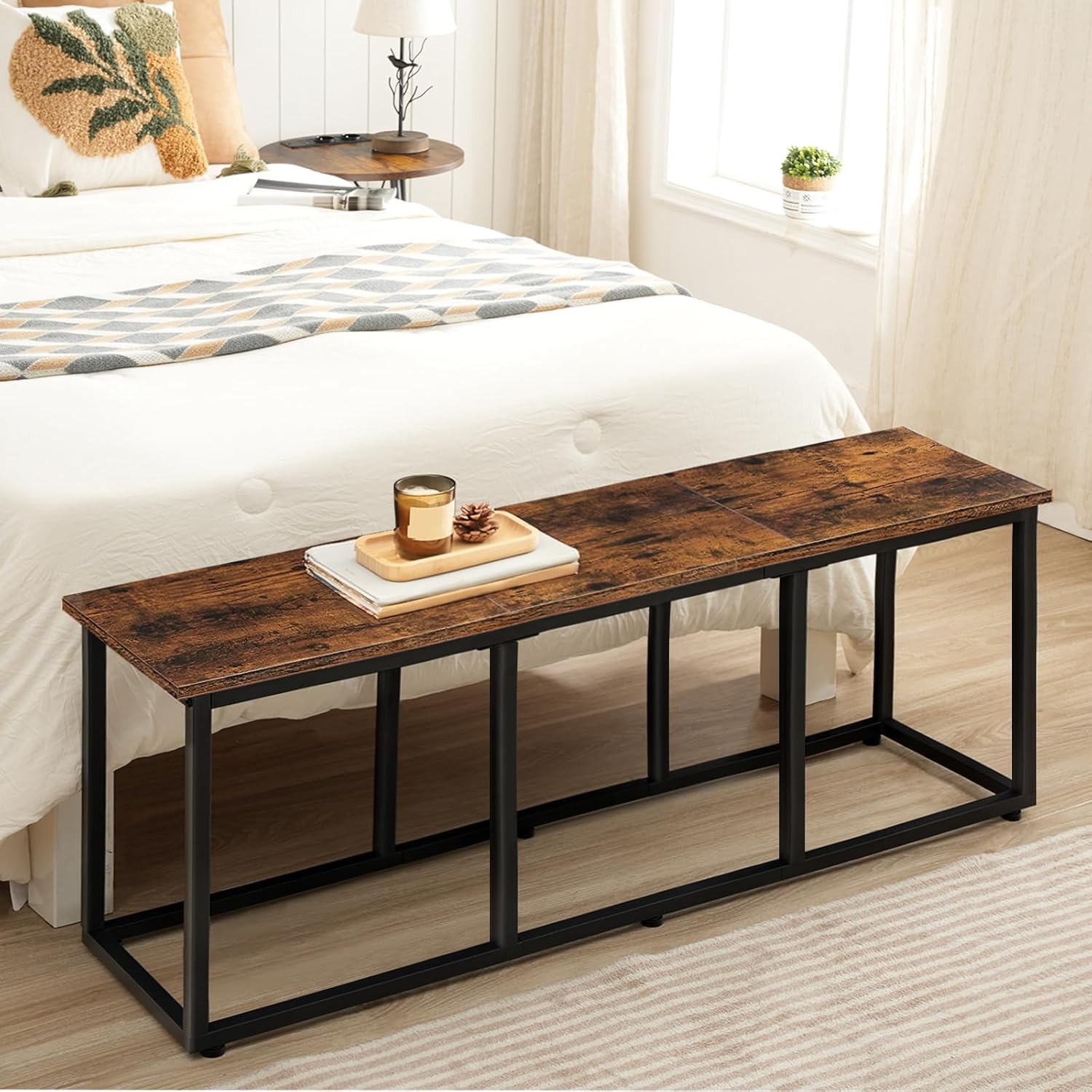 HOOBRO Dining Bench, 47.2 Inch Dining Table Bench, Industrial Style Kitchen Bench, Steel Frame, Easy to Assemble, for Kitchen, Dining Room, Rustic Brown and Black BF45CD01
