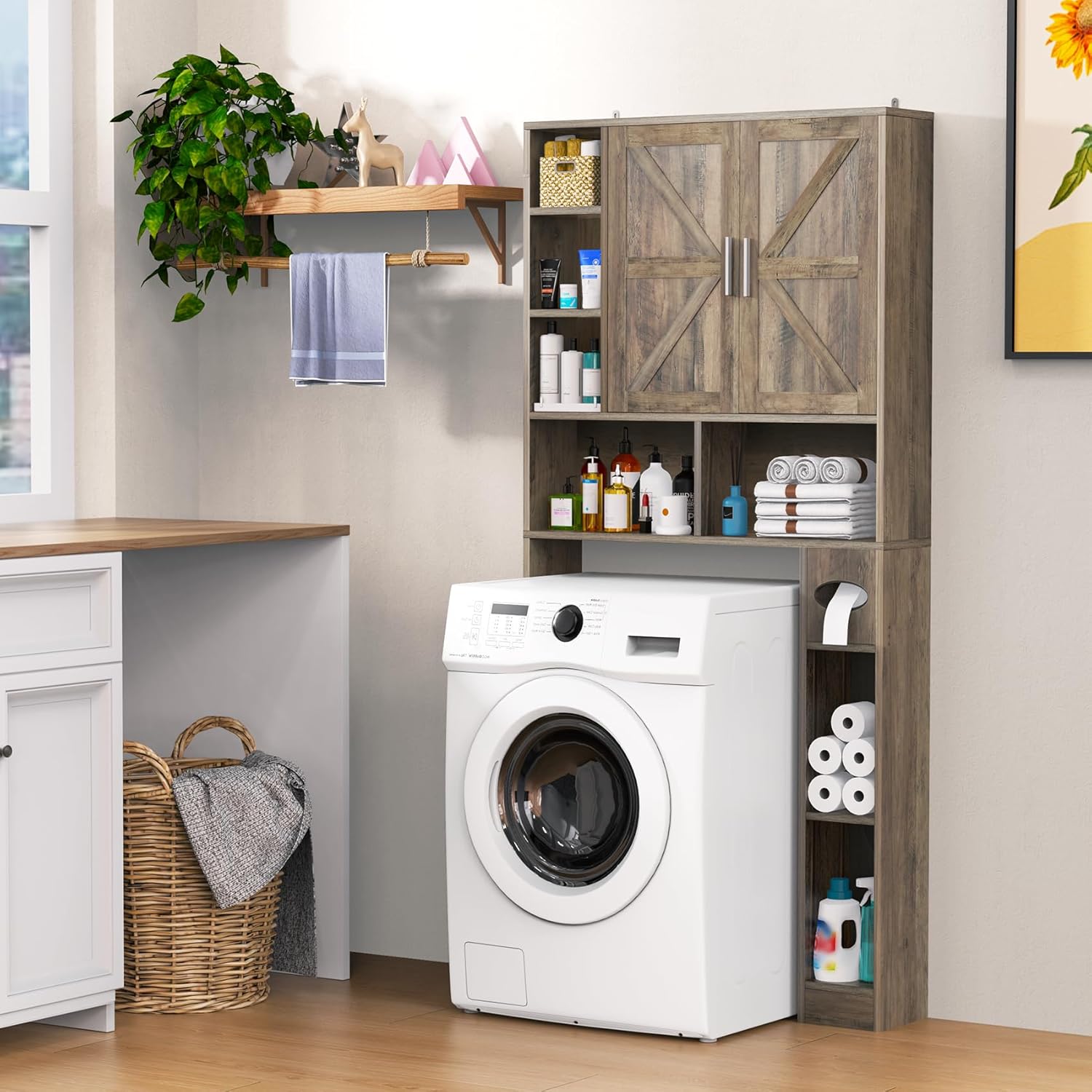 Winkalon Over The Toilet Storage Cabinet with 2 Barn Doors and Adjustable Shelves, Freestanding Toilet Shelf Organizer with Toilet Paper Holder, Space Saver for Bathroom, Restroom, Laundry (Wood)