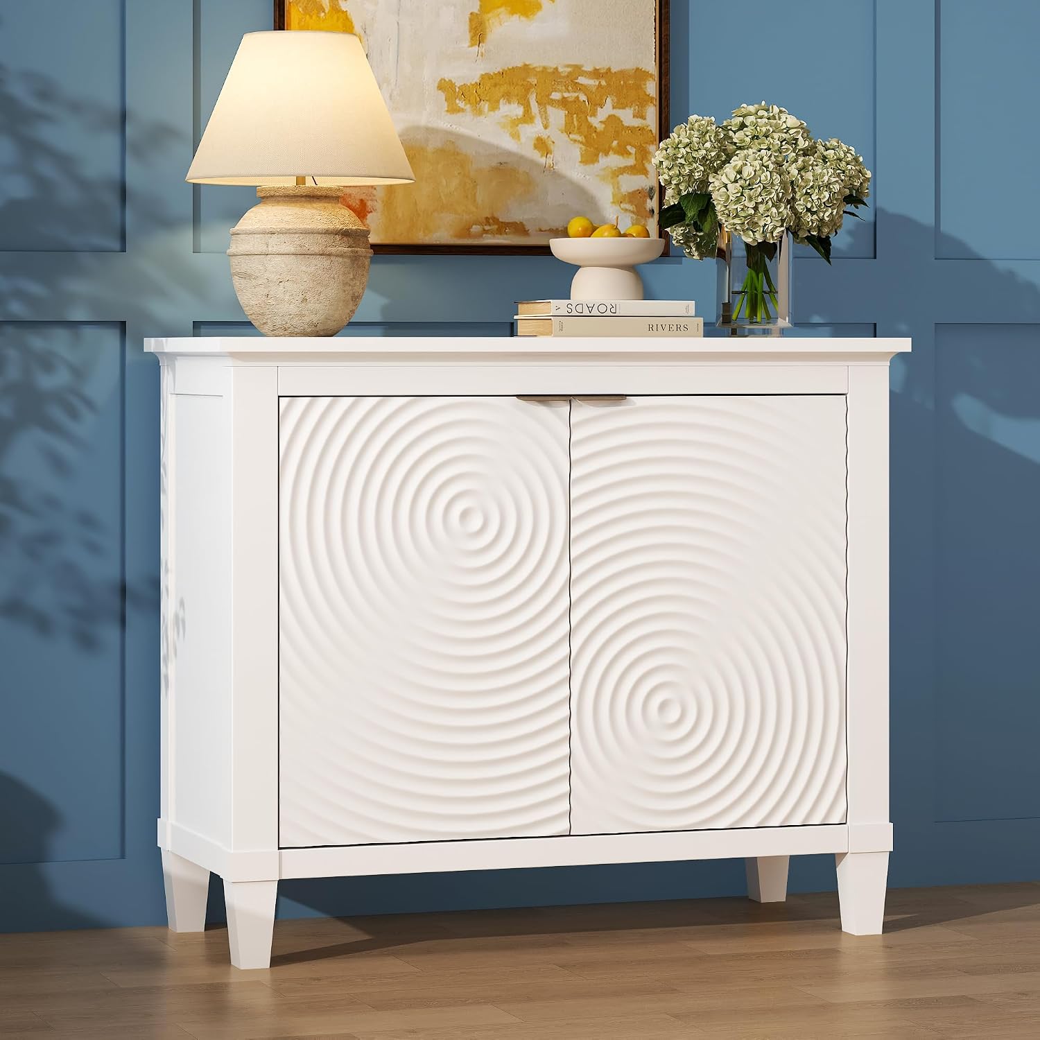 karlott Buffet Cabinet with Storage, Sideboard Accent Cabinet, Annual Ring | Distressed White, Pine Wood Frame, Craft Cabinet with Annual Ring Carved Motif, Sideboard Buffet for Kitchen, Living Room