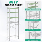 Over-The-Toilet Storage Rack, 4-Tier Bathroom Organizer Shelf Over Toilet with Adjustable Shelf and Basket, Freestanding Space Saver Bathroom Shelves Above Toilet for Room (Avocado Green)