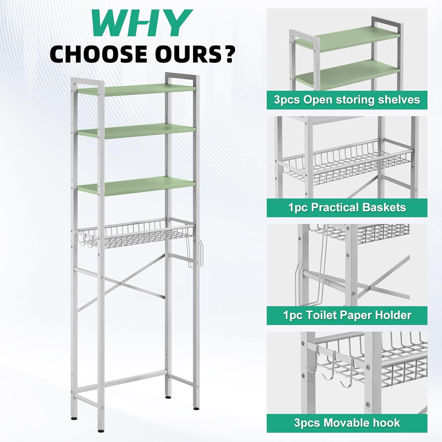 Over-The-Toilet Storage Rack, 4-Tier Bathroom Organizer Shelf Over Toilet with Adjustable Shelf and Basket, Freestanding Space Saver Bathroom Shelves Above Toilet for Room (Avocado Green)