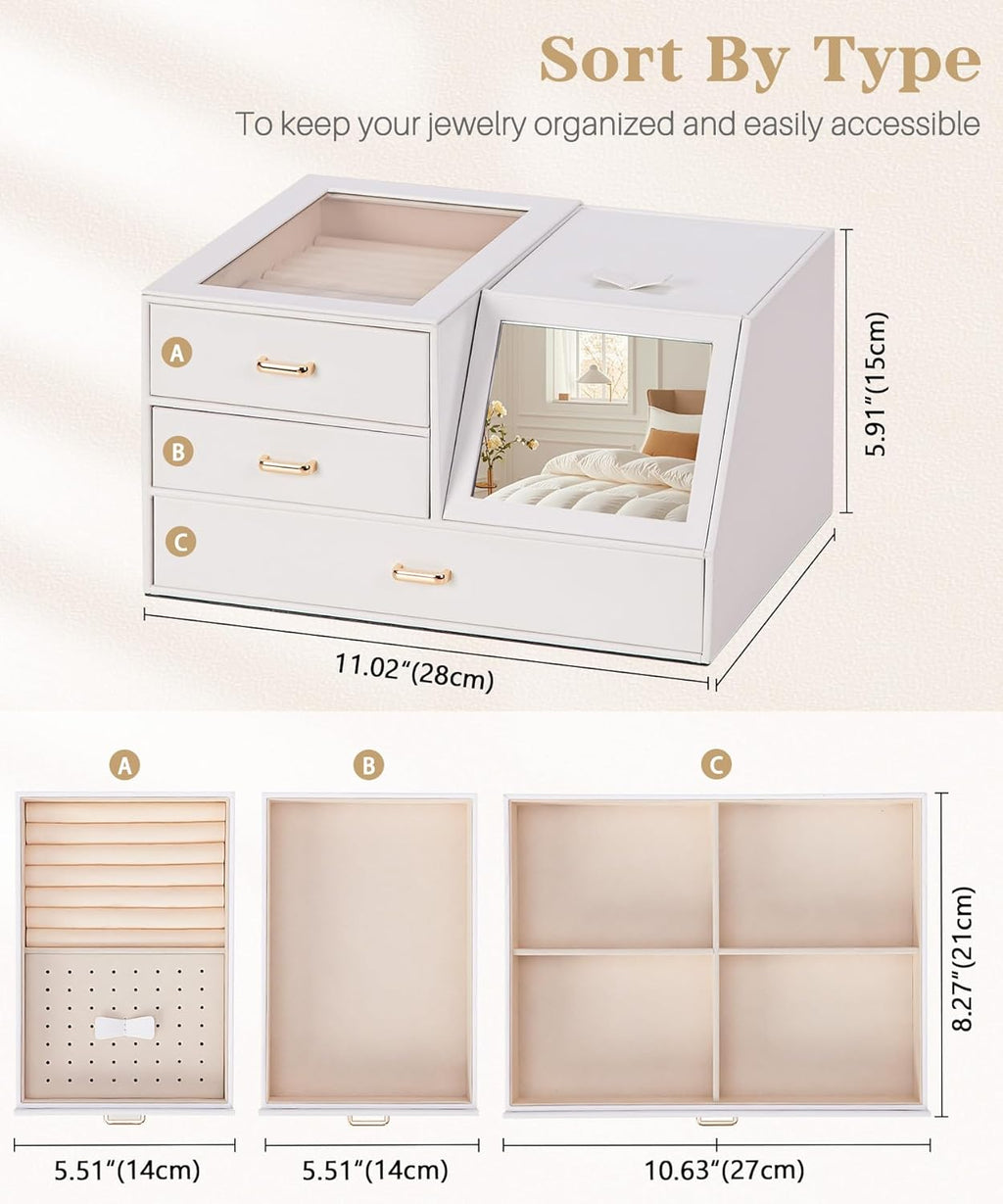 Homde Women Mirror Jewelry Box: Organizer Case with Clear Lid for Ring Necklace Earring - Christmas Gift for Young Women (White)
