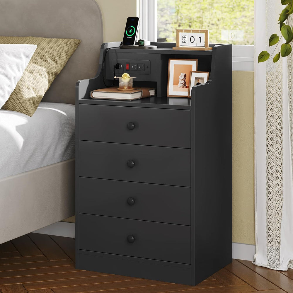 ADORNEVE Nightstand with Charging Station & Hutch,Black | Tall Bedside Ta...