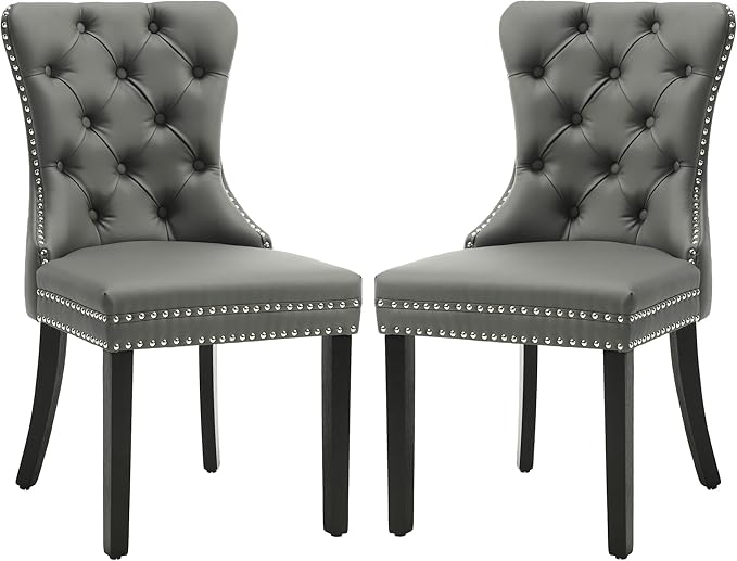 KCC Faux Leather Dining Chairs Set of 2, Upholstered High-end Tufted Dining Room Chair with Nailhead Back Ring Pull Trim Solid Wood Legs, Contemporary Nikki Collection Modern Style for Kitchen, Gray
