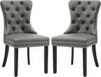 KCC Faux Leather Dining Chairs Set of 2, Upholstered High-end Tufted Dining Room Chair with Nailhead Back Ring Pull Trim Solid Wood Legs, Contemporary Nikki Collection Modern Style for Kitchen, Gray