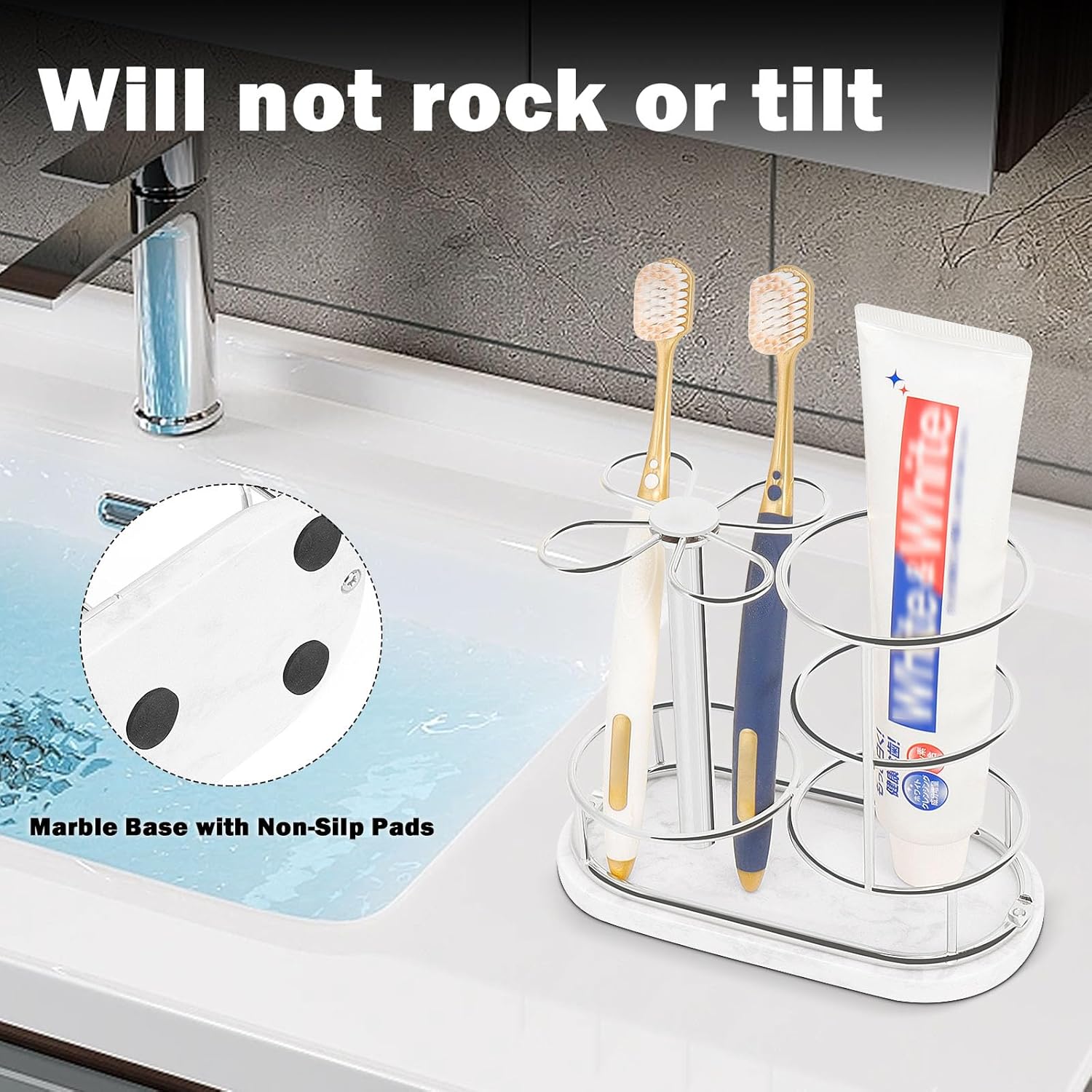 HarJue Toothbrush Holder Stand for Bathroom, Metal Toothbrush Organizer with Marble Base, Toothbrush Storage Collection for Family, Suitable for Home Hotel Countertop Vanity (Medium, Chrome Finish)