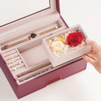 Lolalet Jewelry Organizer with Glass Lid, 2-Layer Jewelry Box Case with Drawer, Earrings Watch Ring Display Storage -Wine Red