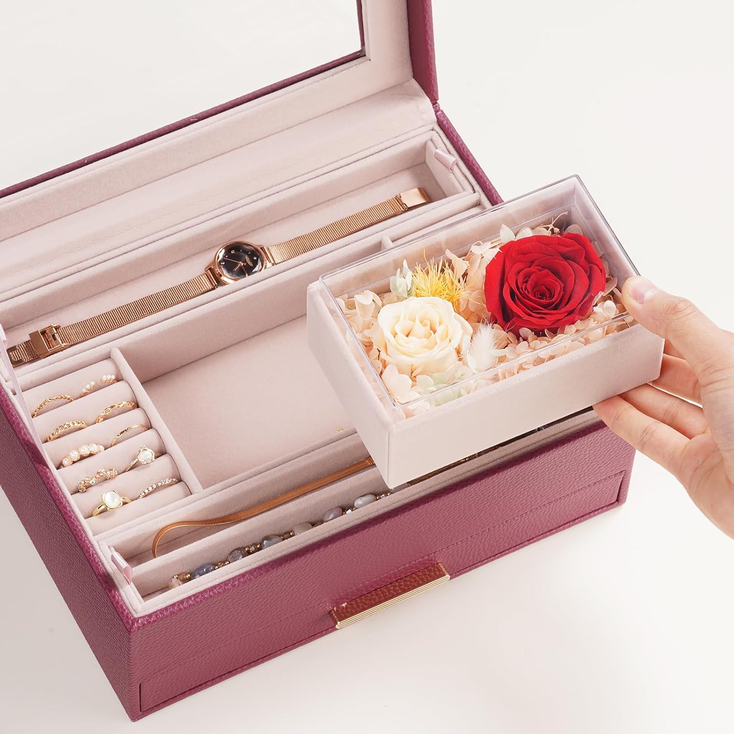 Lolalet Jewelry Organizer with Glass Lid, 2-Layer Jewelry Box Case with Drawer, Earrings Watch Ring Display Storage -Wine Red