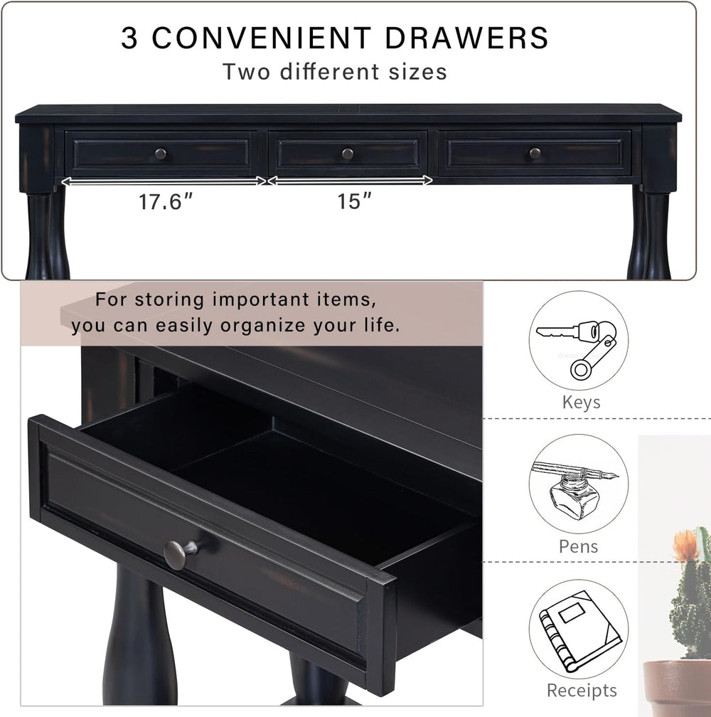 Knocbel Long Console Table with 3 Drawers & Bottom Open Shelf, Solid Wood...
