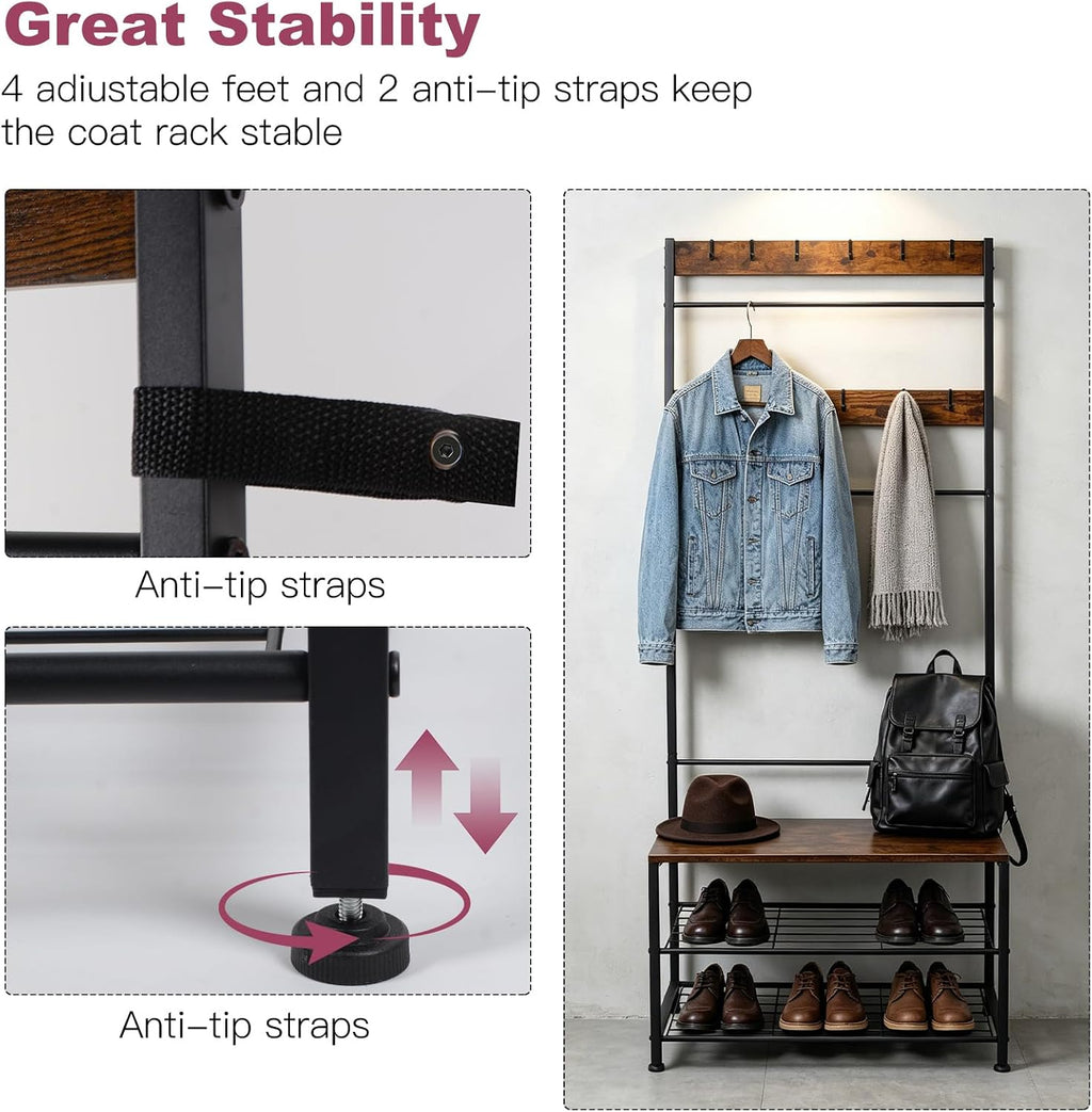 Hall Tree Coat Rack with Bench and Shoe Storage, 3-in-1 Entryway Organizer with Top Hook Rail, Wooden Seat and 2-Tier Shoe Rack, Freestanding Coat Rack for Hallway, Bedroom, and doorway
