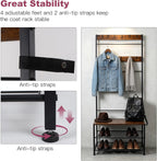 Hall Tree Coat Rack with Bench and Shoe Storage, 3-in-1 Entryway Organizer with Top Hook Rail, Wooden Seat and 2-Tier Shoe Rack, Freestanding Coat Rack for Hallway, Bedroom, and doorway