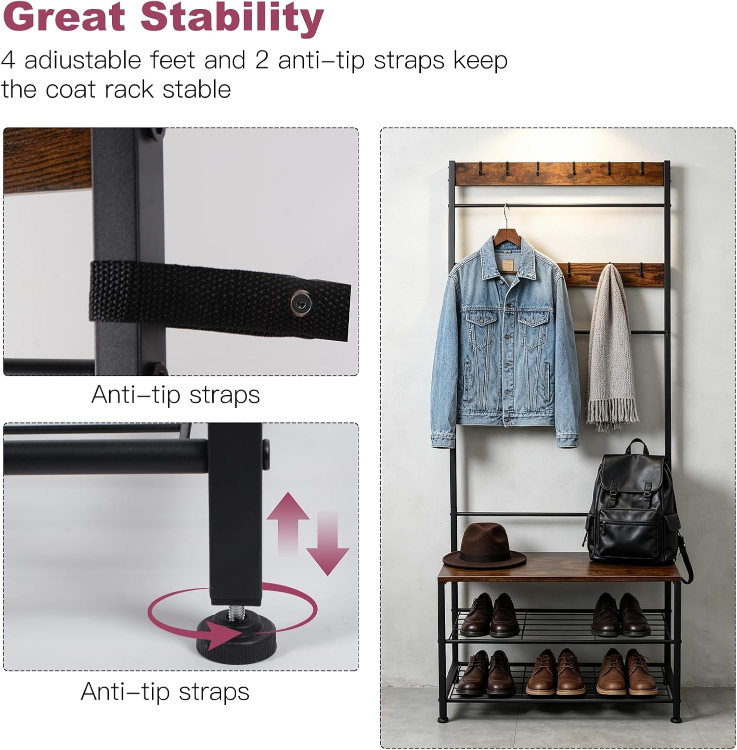 Hall Tree Coat Rack with Bench and Shoe Storage, 3-in-1 Entryway Organizer with Top Hook Rail, Wooden Seat and 2-Tier Shoe Rack, Freestanding Coat Rack for Hallway, Bedroom, and doorway