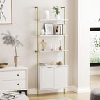 Halitaa 71”Ladder Shelf with Storage Cabinet, Wall Mounted Ladder Bookshelf | Modern Wall Mount Bookcase with Fluted Doors, Display Shelves for Living Room, Bedroom, Bathroom, Home Office, White & Gold