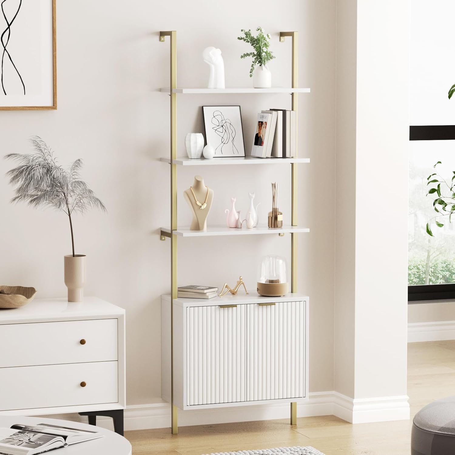 Halitaa 71”Ladder Shelf with Storage Cabinet, Wall Mounted Ladder Bookshelf | Modern Wall Mount Bookcase with Fluted Doors, Display Shelves for Living Room, Bedroom, Bathroom, Home Office, White & Gold
