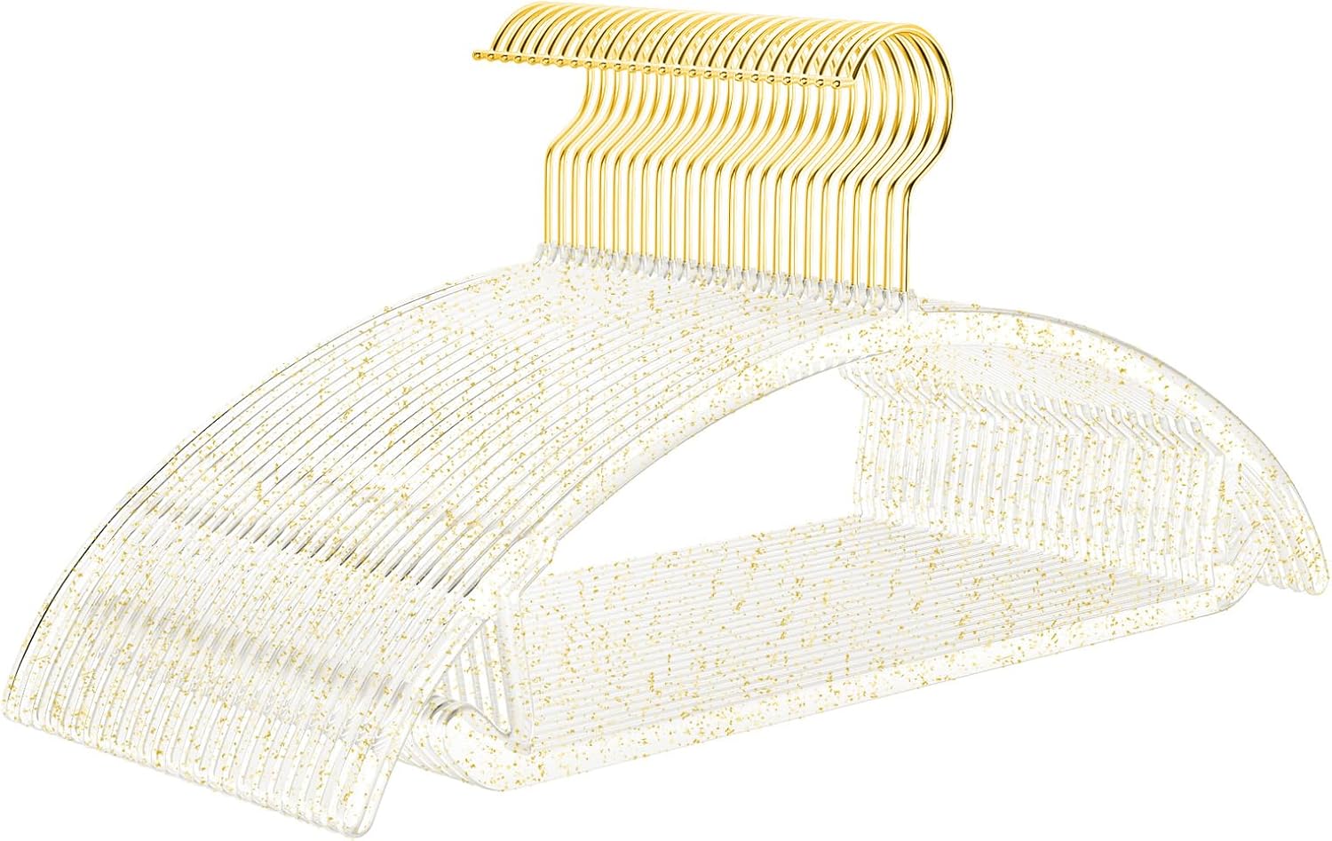 MIZGI Premium Clear Hangers with Gold Glitter (50-Pack) - Heavy-Duty Acrylic Suit Hangers with Gold Hooks - No Shoulder Bump Space Saving Clothes Hangers for Jackets, Coats, Dresses
