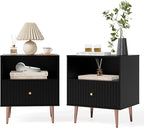 Black Night Stand Set 2,Modern Bedside Table with Door and Open Storage,Fluted Nightstand and Wood End Side Table with Rose Gold Metal Legs and Handles for Bedroom,Living Room,Black