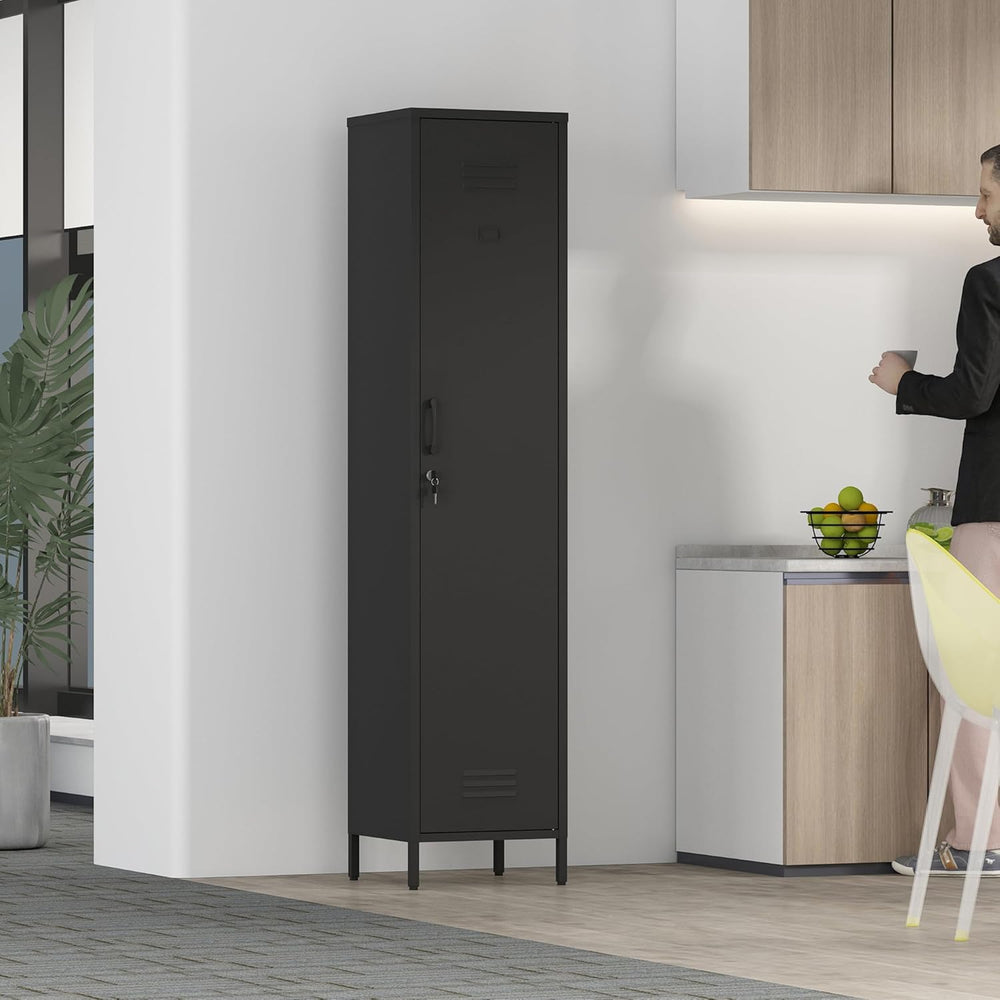 Tall Single Door Metal Locker with Adjustable Shelves, Black Tall Metal Locke...