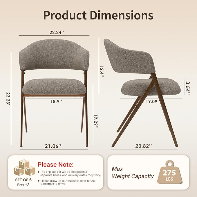 Dining Room Chairs Set of 6, Upholstered Dining Room Chairs, Mid Century Fabric Kitchen Chairs with Curved Backrest and Metal Legs, Taupe