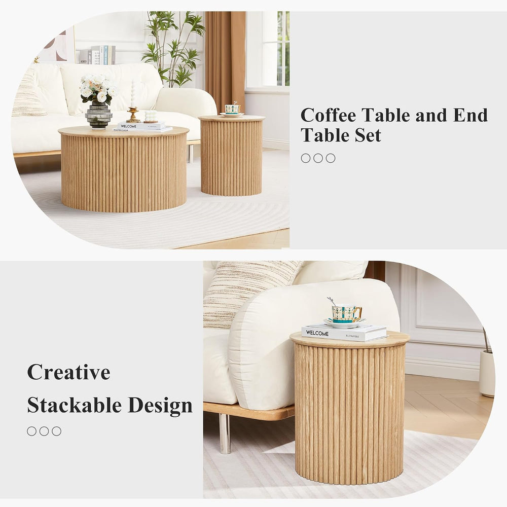 Fluted Round Nesting Coffee Table Set of 2 Circle Center Tables Living Room |...