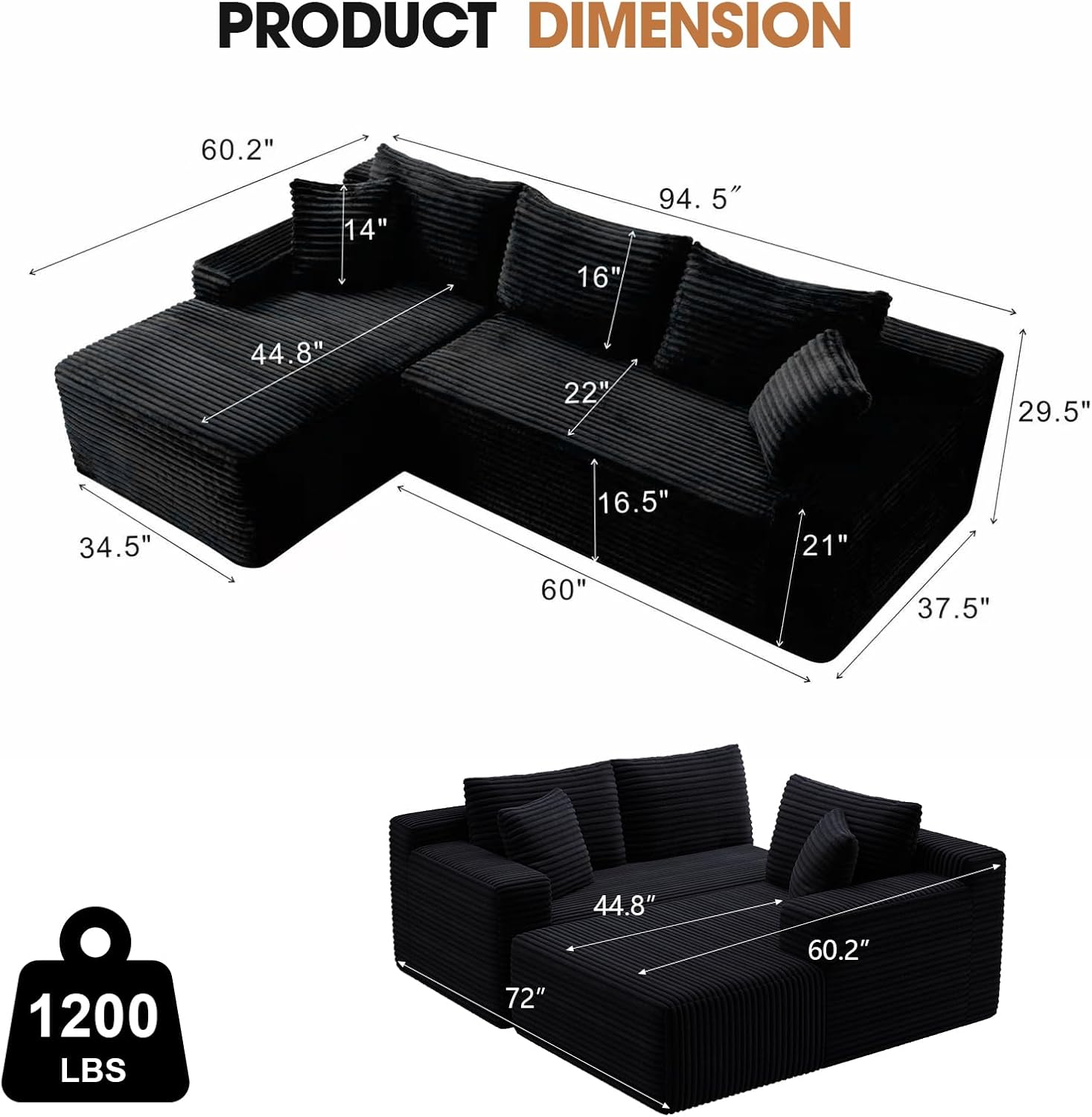 94.5" L-Shaped Cloud Sectional Couch for Living Room, Modern Minimalist Upholstered Boneless Sofa,Corduroy Fabric Modular Sectional Sofa with Chaise, No Assembly Required (Black, Left)