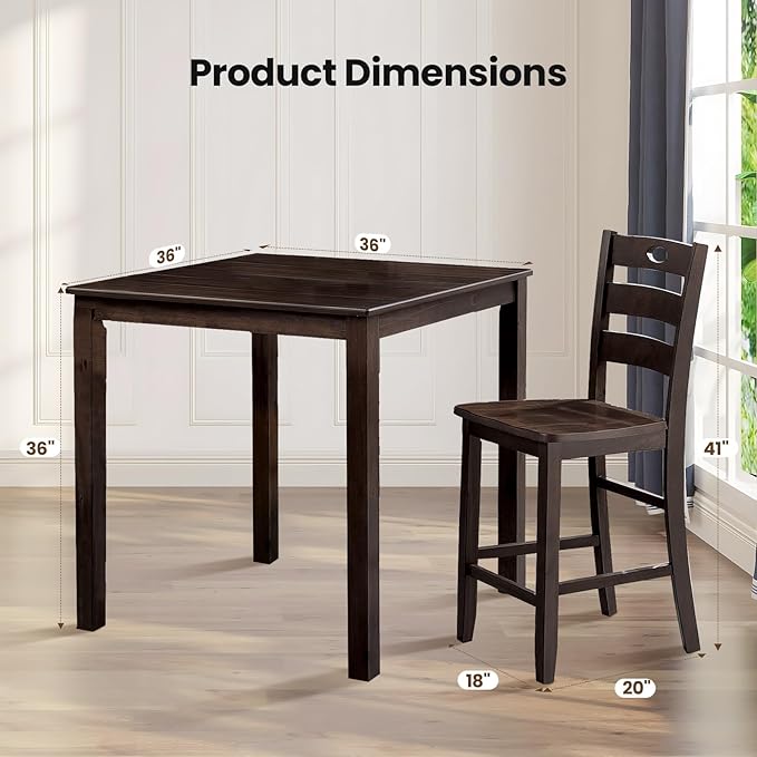 5-Piece Dining Table Set, Solid Rubber Wood Dining Room Table Set for 4, High Top Table and Chair Set for Kitchen Dining Room Restaurant Bar,Espresso