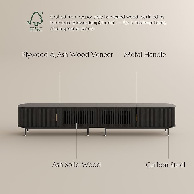 POVISON Fully-Assembled Sliding Tambour Door TV Stand, Mid Century Modern TV Console, Wood Media Console, Entertainment Center with Storage Cabinet(Black, 118.11")