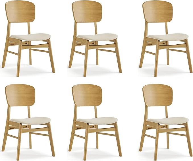 Wooden Dining Chairs Set of 6, Upholstered Modern Dining Room Chairs, Mid Century Oak Kitchen Chairs with Ergonomic Wood Backrest for Farmhouse, Restaurant, Café (Cream Fabric & Original Color)