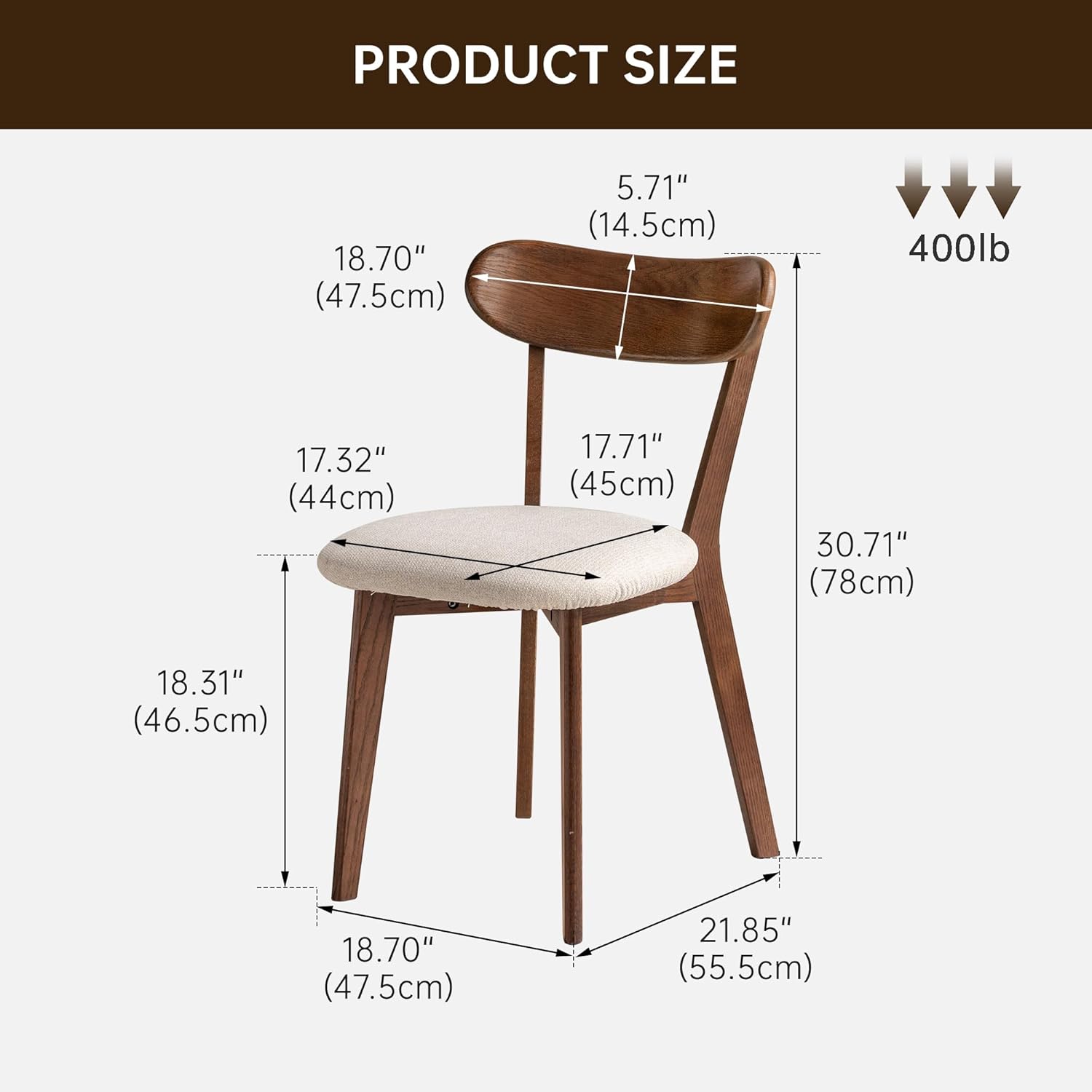 100% Solid Oak Dining Chairs, Mid Century Modern Dining Chair with Curved Backrest, Fabric Upholstered Dining Chairs for Kitchen, Study, Living Room (4, Walnut Wood-Beige Cushion)