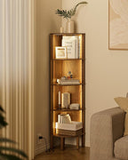 Corner Shelf, 5 Tier Corner Bookshelf with LED Light,Wall Display Corner Shelf Stand with Storage Rack for Living Room,Bedroom,Office,Walnut