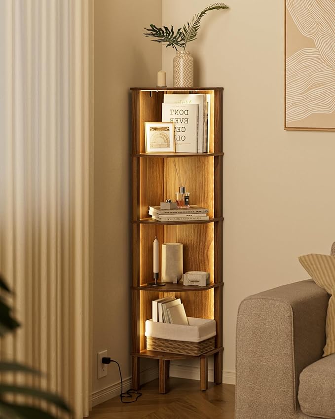 Corner Shelf, 5 Tier Corner Bookshelf with LED Light,Wall Display Corner Shelf Stand with Storage Rack for Living Room,Bedroom,Office,Walnut