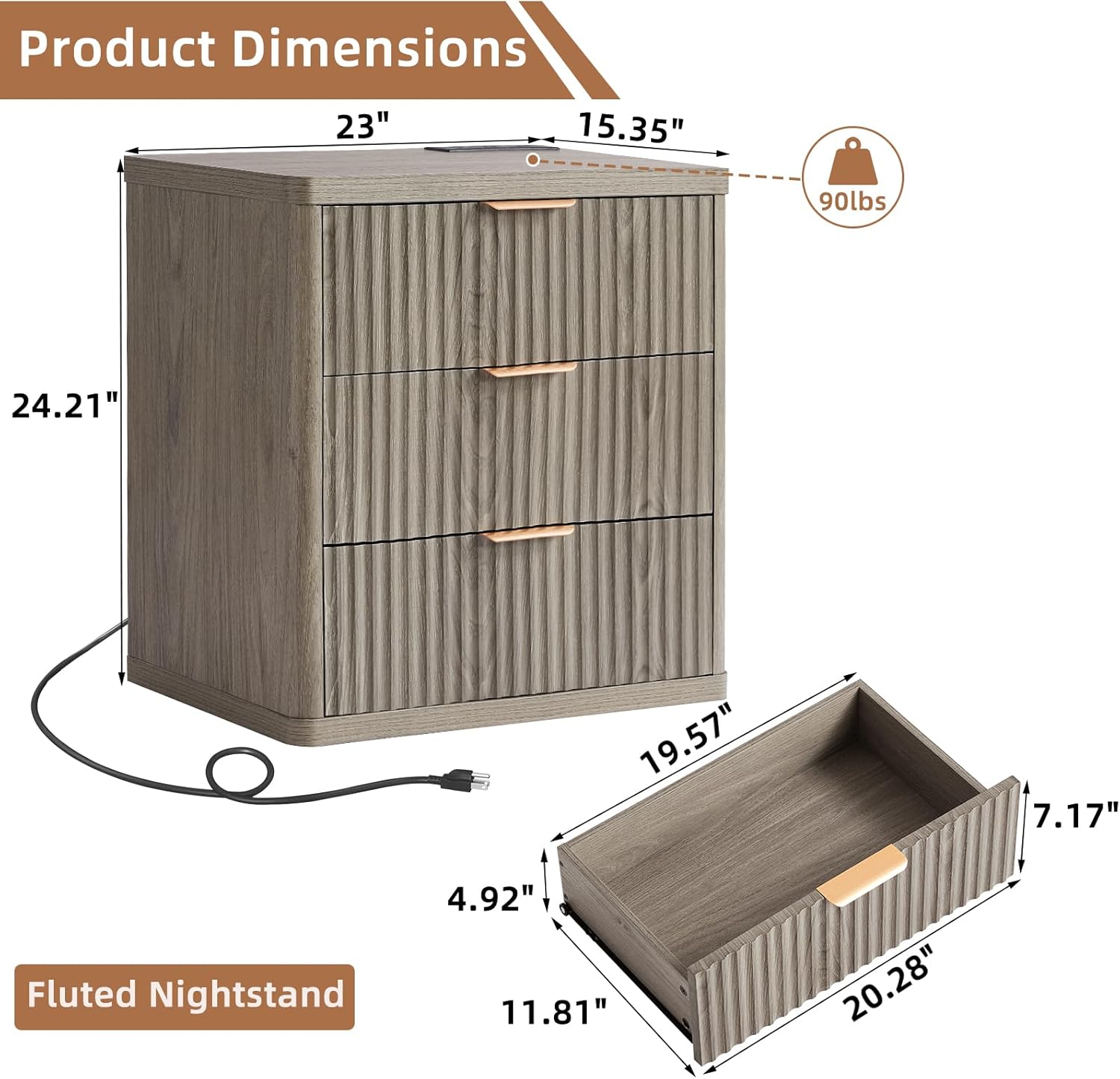 LEYAOYAO 23" Wide Fluted Farmhouse Night Stand Set of 2 with Charging Station, 3 Drawers Large End Table w/Metal Handle,Grey Nightstand Bedside Table,Wood Dresser for Bedroom, Closet