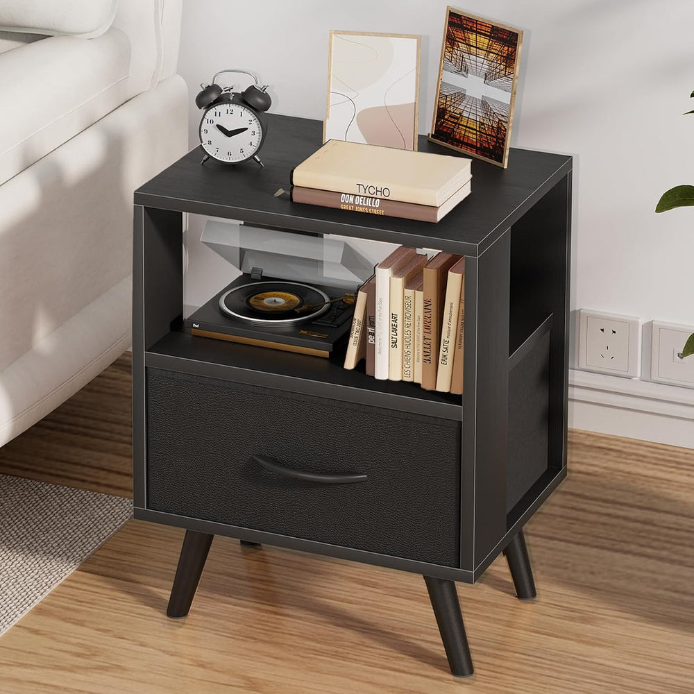 Aenuert Night Stand, Black Nightstand with Drawer, Side Table with Open Stora...