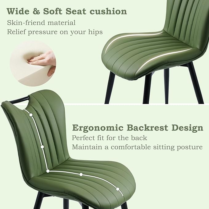 Leather Upholstered Dining Chairs Set of 4, Mid-Century Modern Kitchen Dining Room Chairs with Black Metal Legs, Armless Faux Leather Accent Dinner Chairs Kitchen Side Chairs, Green