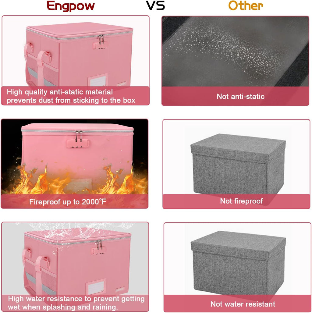 ENGPOW File Box with Lock, Fireproof Document Box with Zipper＆Pockets, Collapsible File Organizer Filing Storage Cabinet with Handle, Portable Home Office Safe for Hanging Letter/Legal Folder, Pink
