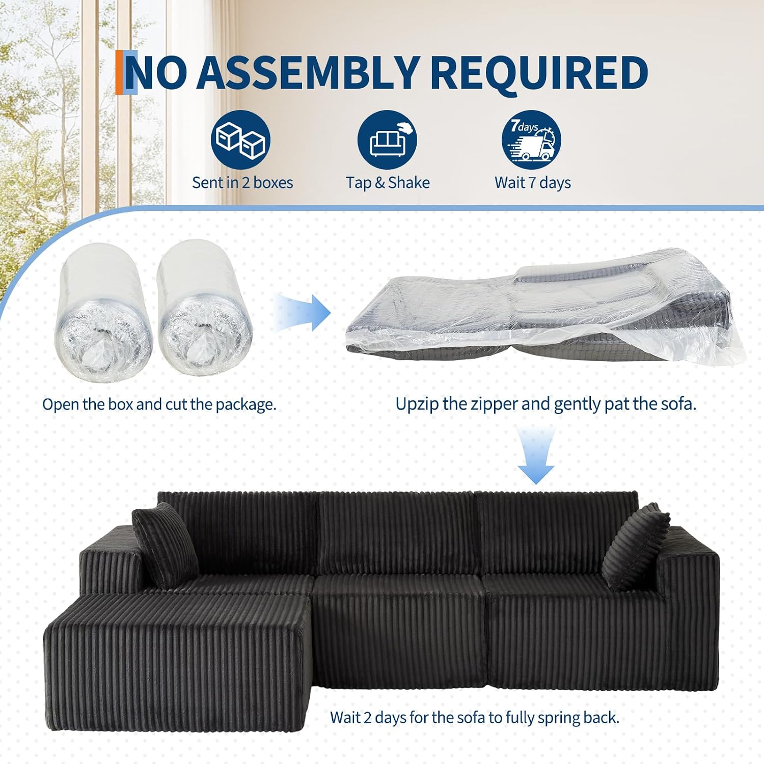 108" Modular Sectional Sofa Couches for Living Room Cloud Memory Boneless Couch No Assembly Required