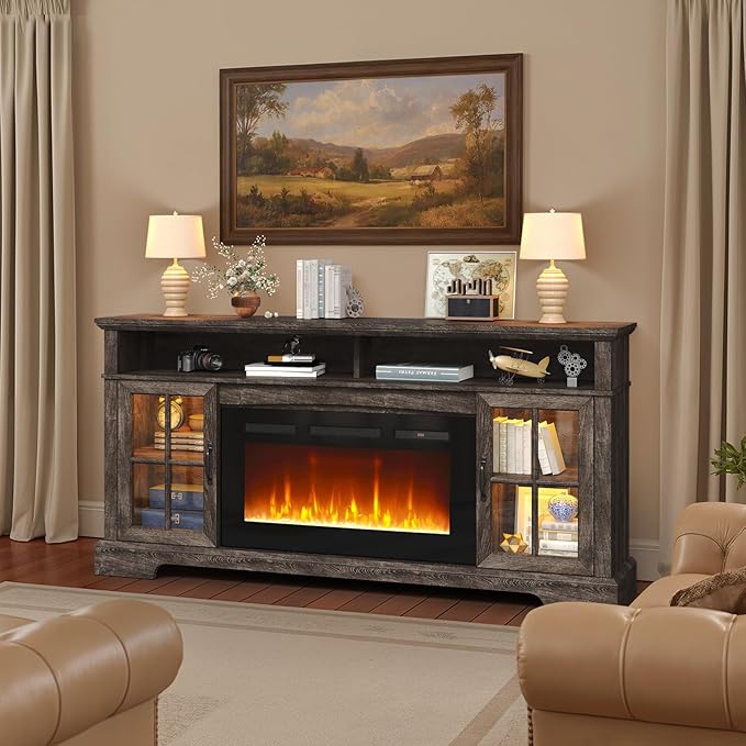 70" TV Stand with Electric Fireplace, Modern Entertainment Center for TVs Up to 80 Inches, Farmhouse Media Console with Storage Cabinets & Doors for Living Room, Gray and Black