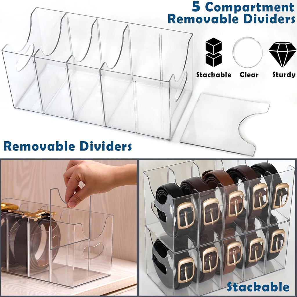 Belt Organizer - 2 Pack Clear Stackable Belt holder For Closet Drawer Storage - 5 Compartments with Removable Dividers, Multi-Purpose Display Bins With Inserts For Ties,Socks,underwear (2)