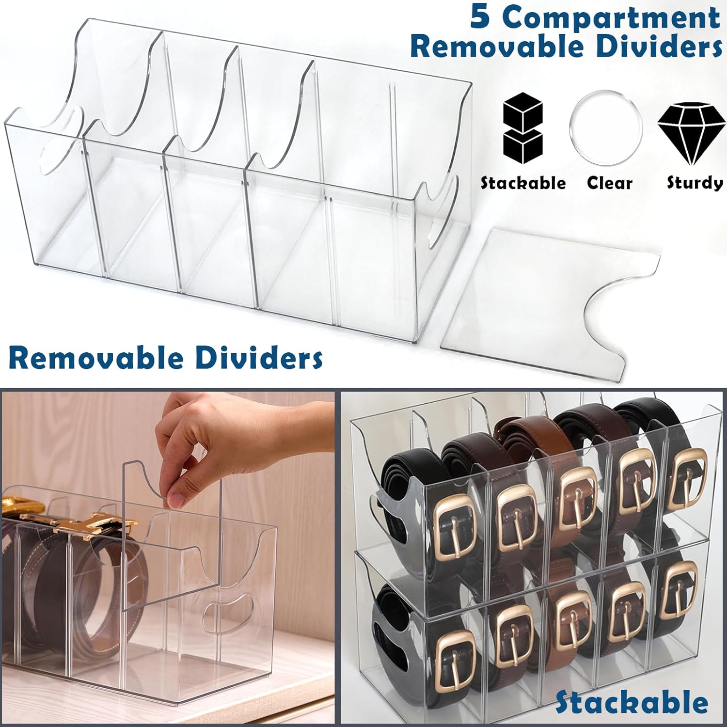 Belt Organizer - 2 Pack Clear Stackable Belt holder For Closet Drawer Storage - 5 Compartments with Removable Dividers, Multi-Purpose Display Bins With Inserts For Ties,Socks,underwear (2)