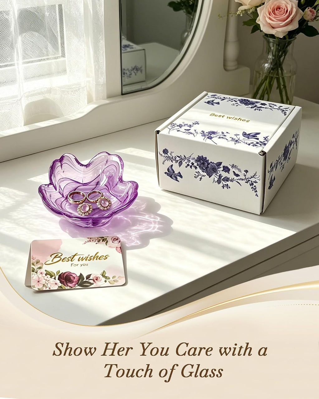 Small Flower Glass Ring Dish, Cute Jewelry Tray Trinket Organizer | Vanity Bathroom Nightstand Holder Plate, Aesthetic Room Decor, Valentine's Friendship Christmas Birthday Gifts for Women