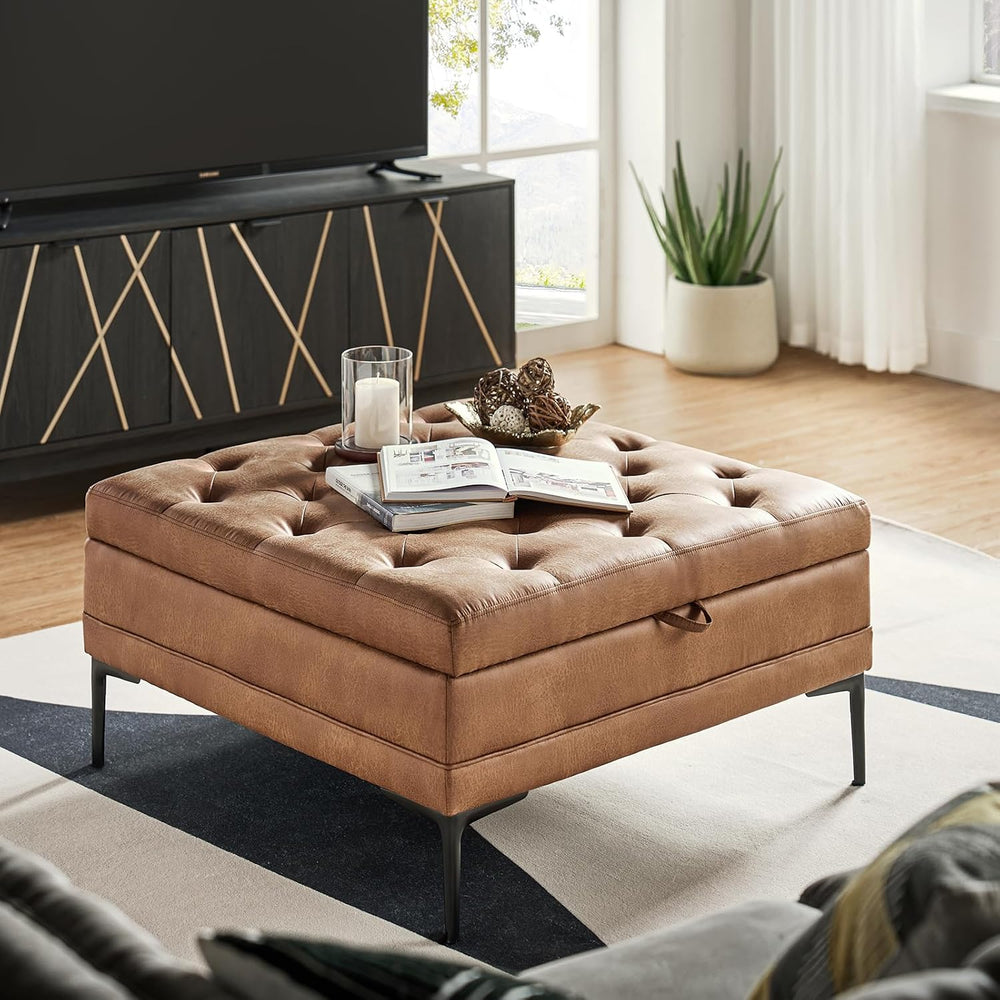 HULALA HOME Tufted Faux Leather Coffee Table, Camel | 36.5" Square Stora...